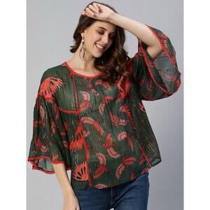 Rachel Zoe Women Size L Green Orange Bird Print Metallic Boho Blouse Top